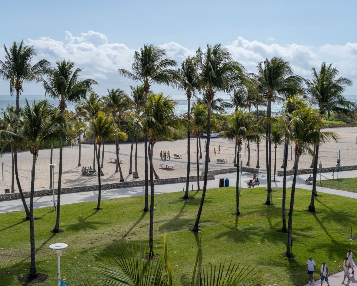 Lummus Park, the beach and the ocean seen from the Pelican Hotel on Ocean Drive, Miami Beach